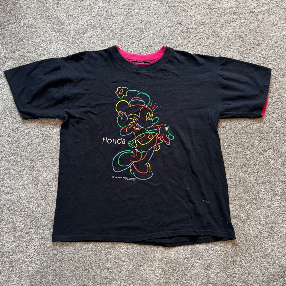 Vintage Velva Sheen Disney Minnie Mouse Florida Neon T-Shirt Black XL USA Made